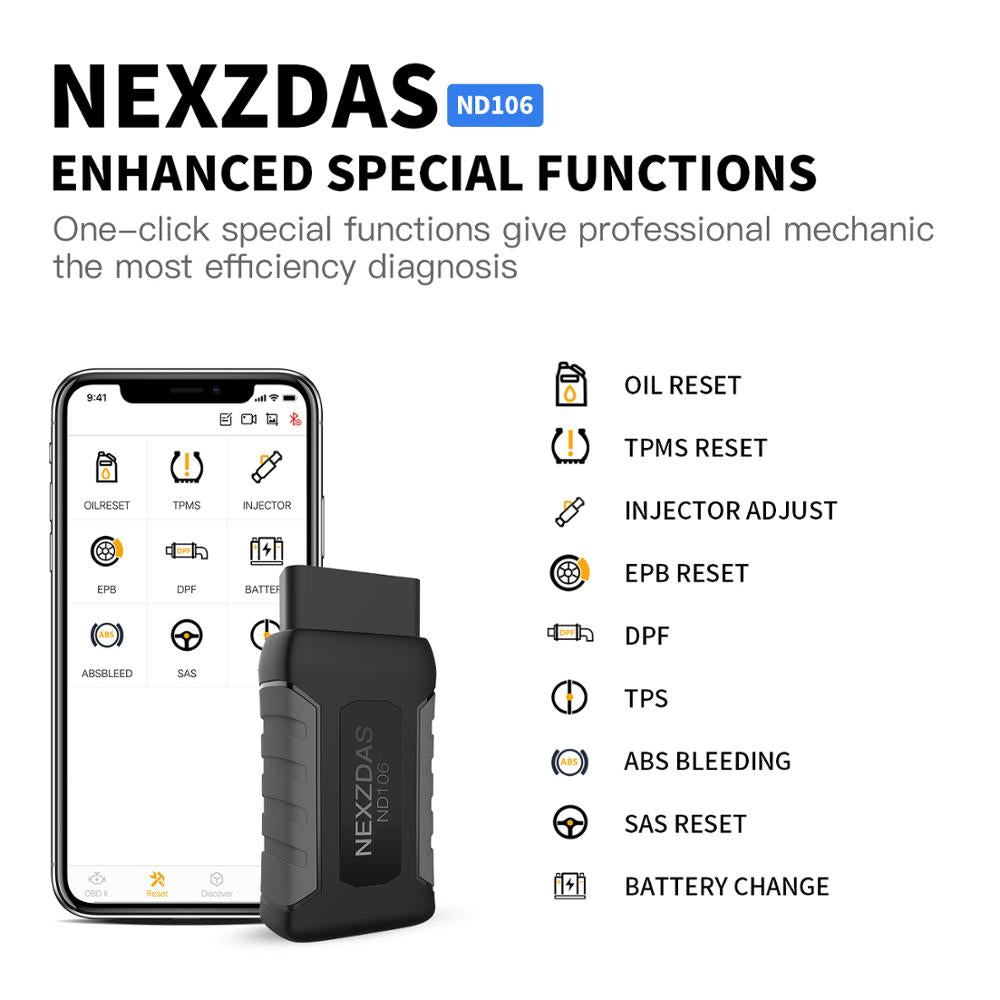 Humzor NexzDAS ND106 Bluetooth Special Function Car Resetting Tool With ABS, TPMS, Oil Reset, DPF... for Android & iOS 1 Humzor NexzDAS ND106 Bluetooth Special Function Car Resetting Tool With ABS, TPMS, Oil Reset, DPF... for Android & iOS - Imagem 1